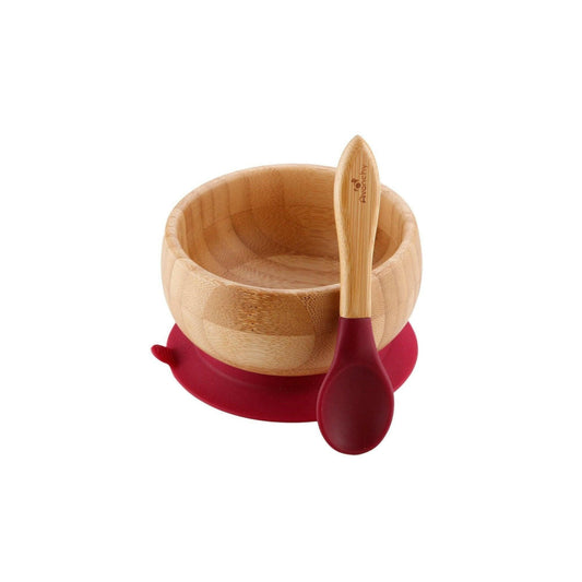 Avanchy Bamboo Stay Put Suction Baby Bowl + Spoon - Red - Traveling Tikes 