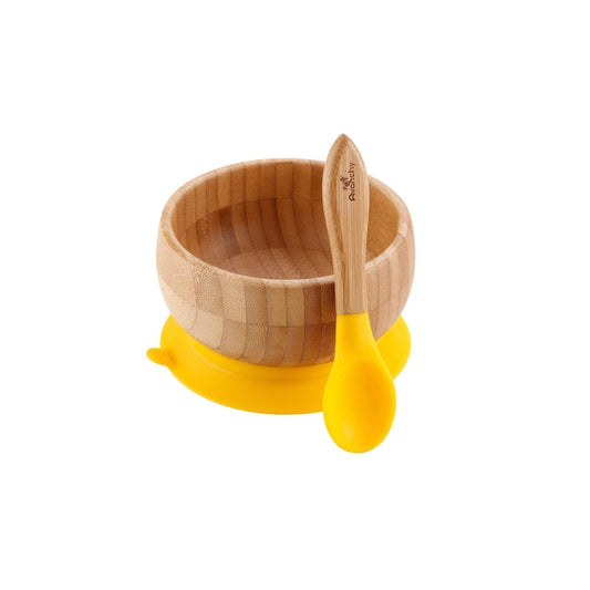 Avanchy Bamboo Stay Put Suction Baby Bowl + Spoon - Yellow - Traveling Tikes 