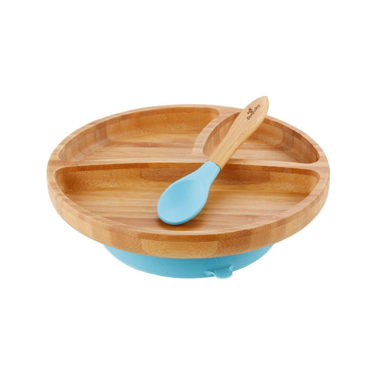 Avanchy Bamboo Suction Toddler Plate + Spoon - Blue - Traveling Tikes 