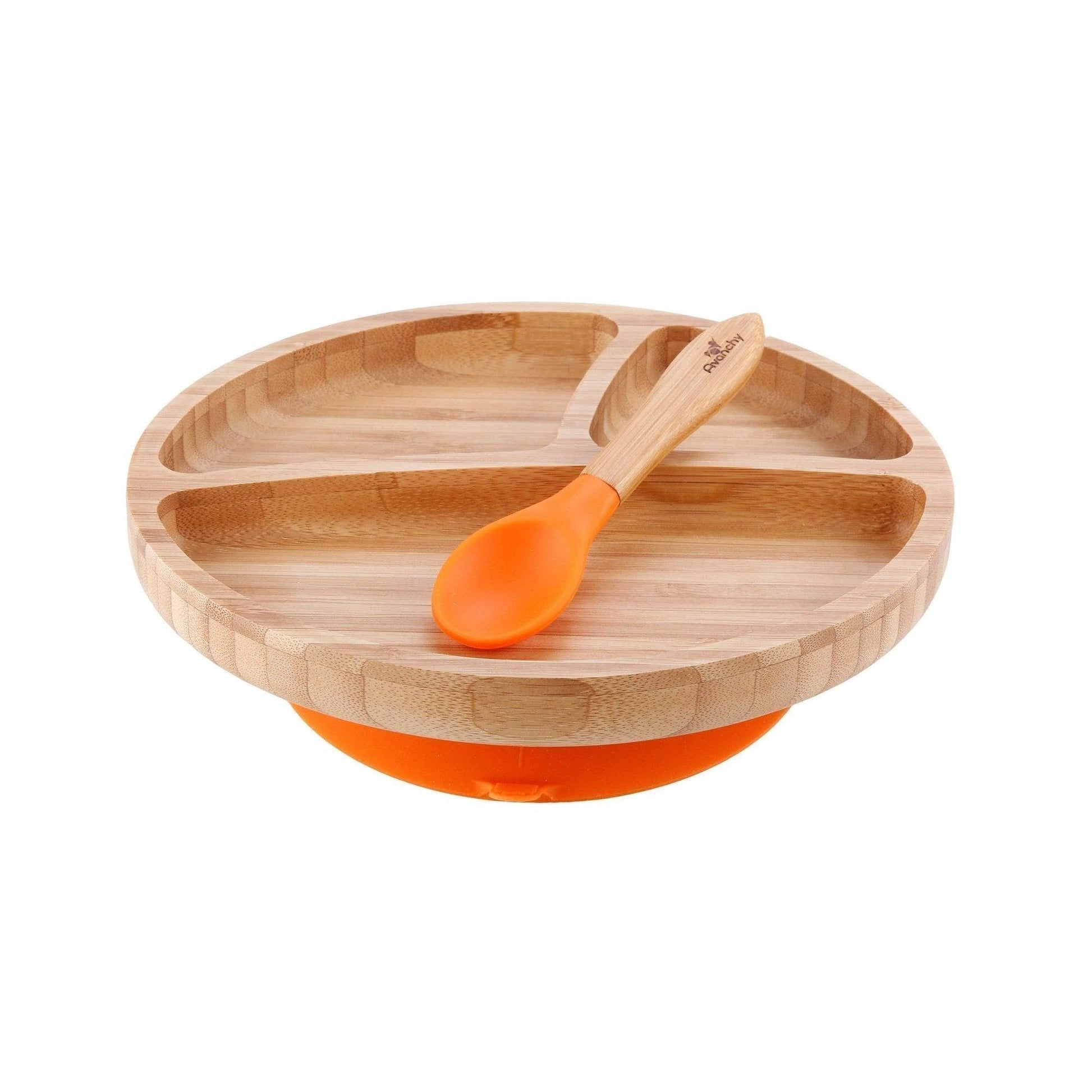 Avanchy Bamboo Suction Toddler Plate + Spoon - Orange - Traveling Tikes 