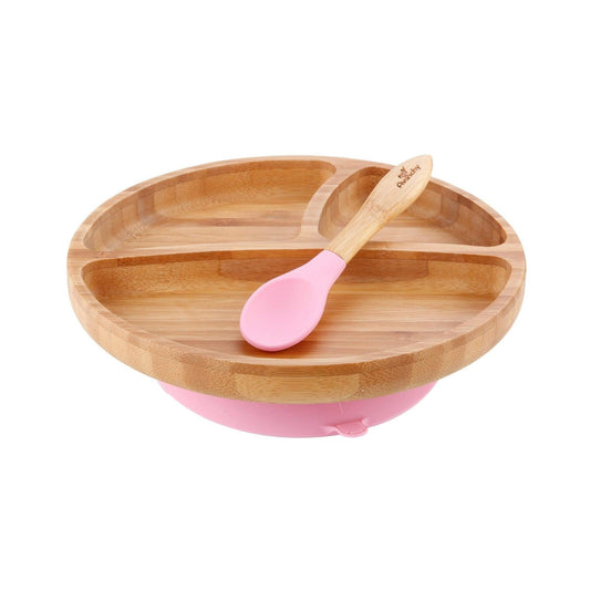 Avanchy Bamboo Suction Toddler Plate + Spoon - Pink - Traveling Tikes 