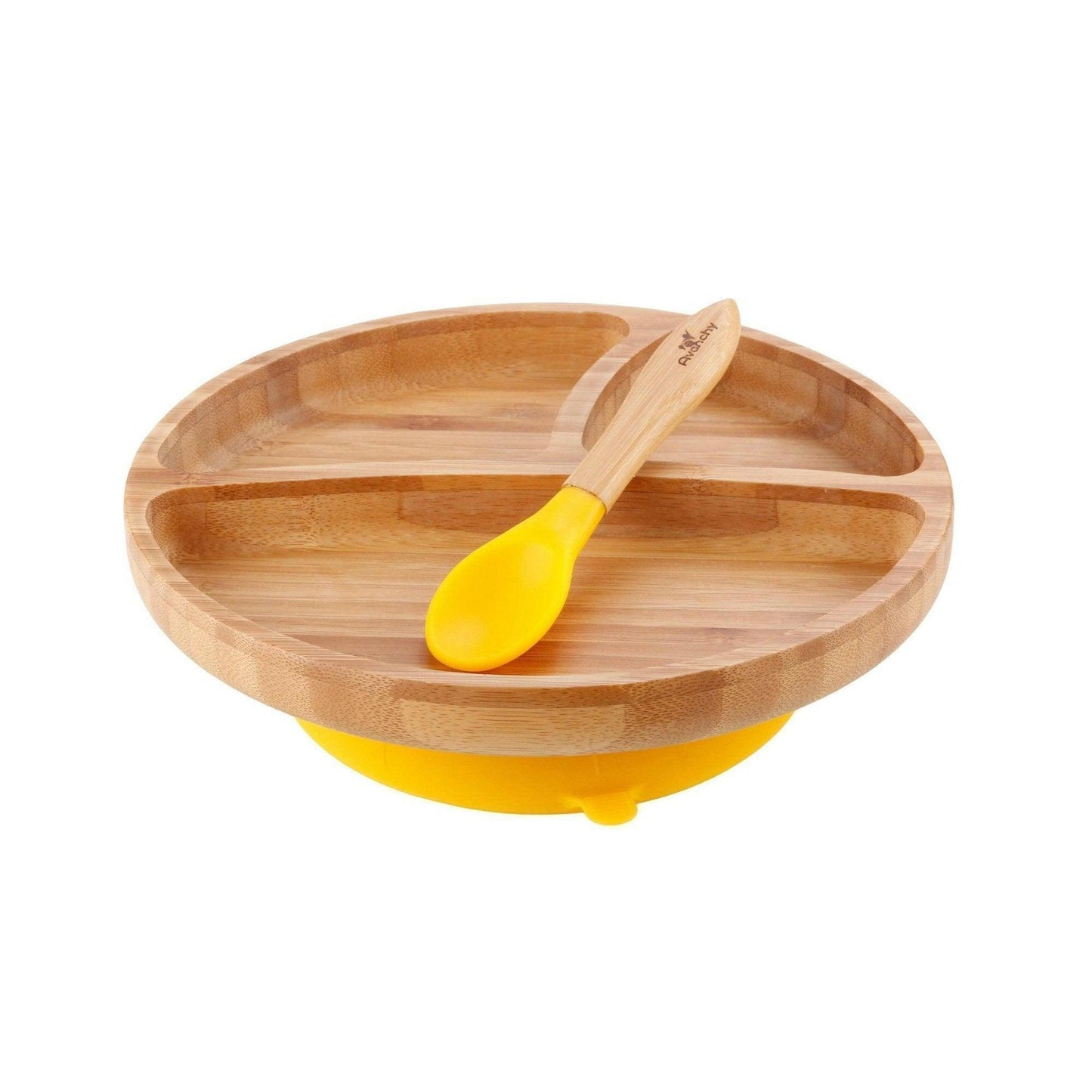 Avanchy Bamboo Suction Toddler Plate + Spoon - Yellow - Traveling Tikes 