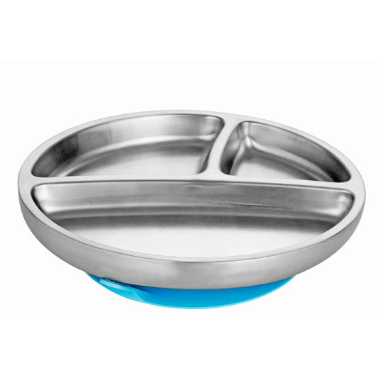 Avanchy Stainless Steel Suction Toddler Plate - Blue - Traveling Tikes 