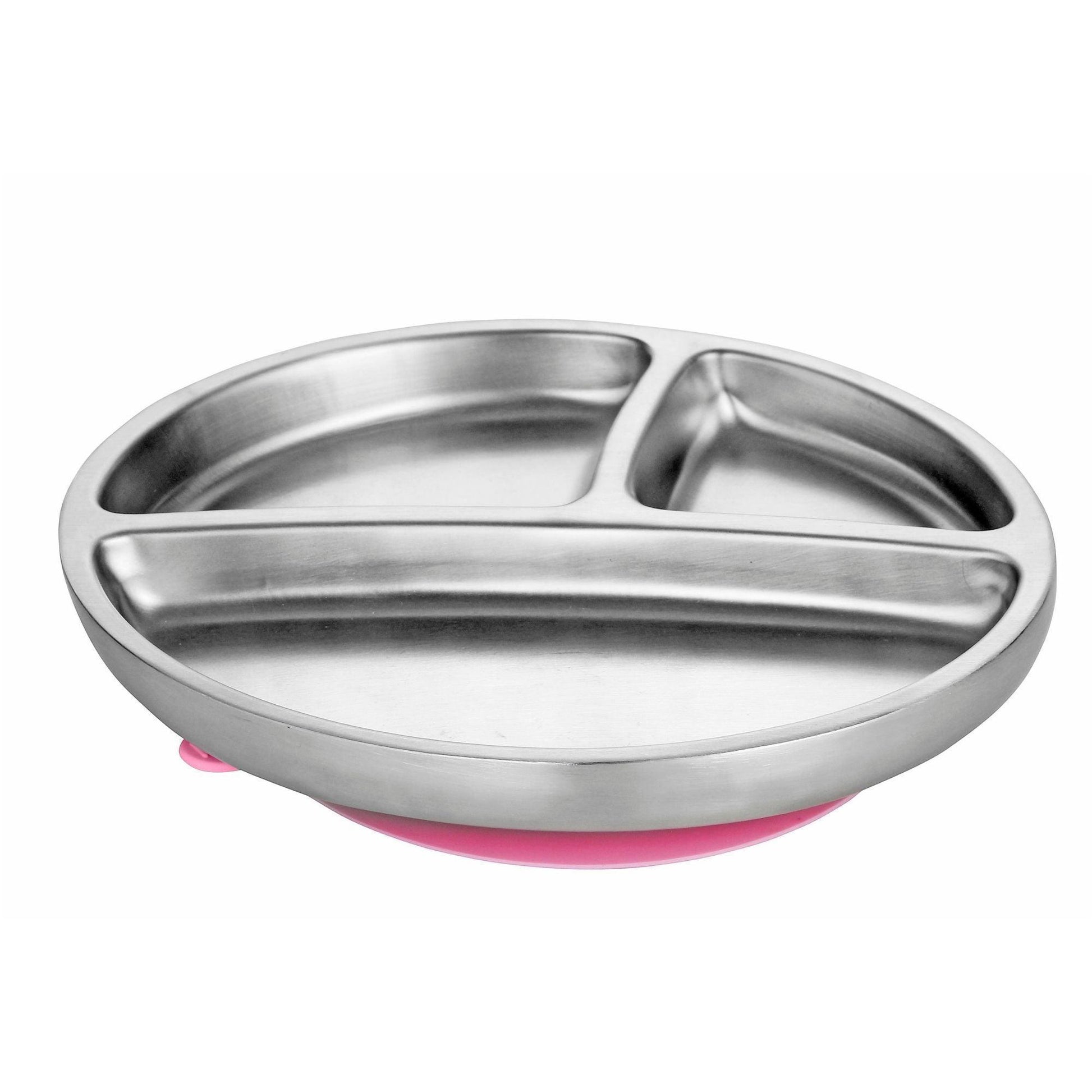 Avanchy Stainless Steel Suction Toddler Plate - Pink - Traveling Tikes 