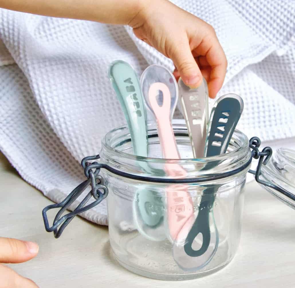 BEABA Toddler’s Self Feeding Silicone Spoons Set – Set of 4 – Drizzle - Traveling Tikes 