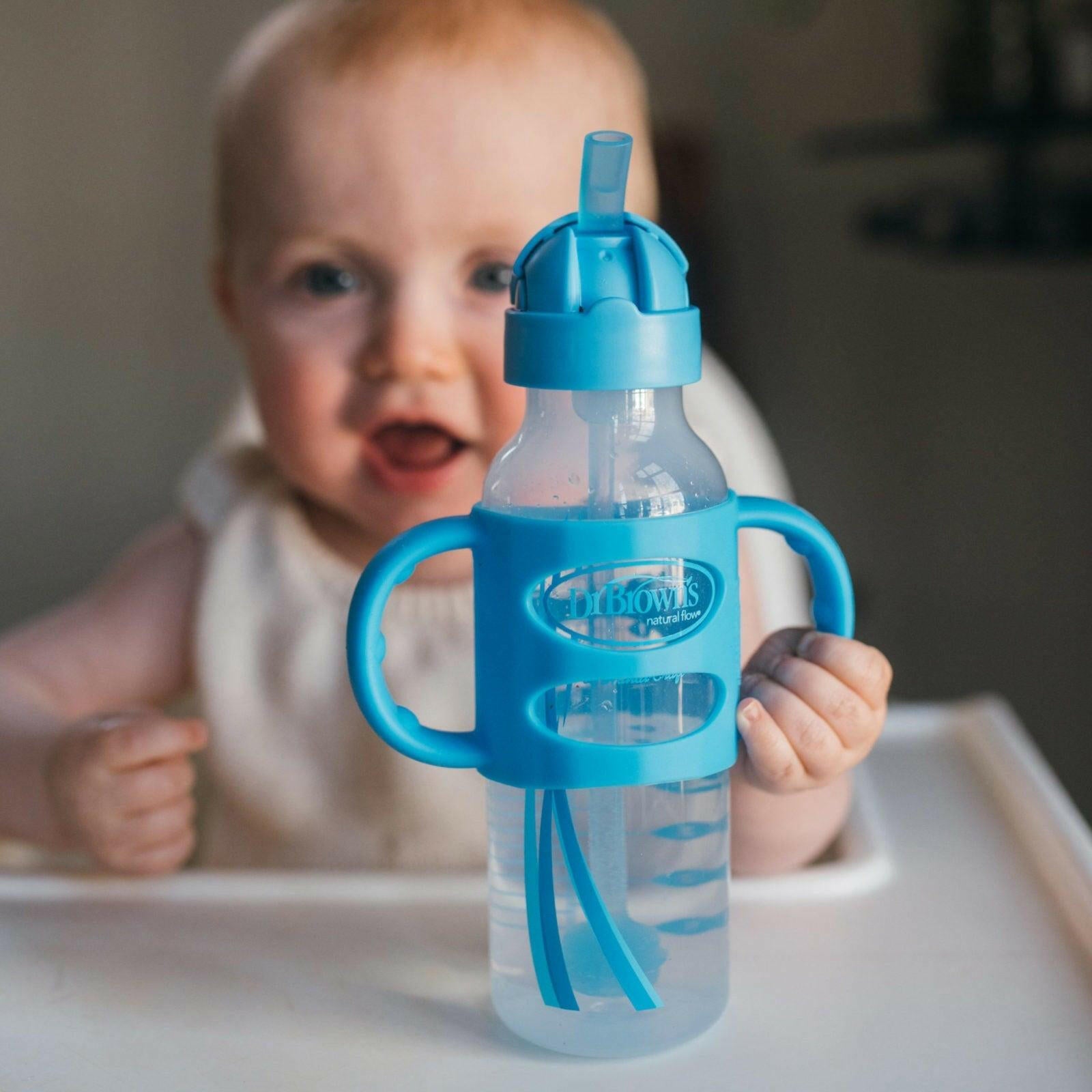 Dr. Brown’s Milestones Sippy Straw Bottle with Silicone Handles, 8 oz - Blue - Traveling Tikes 