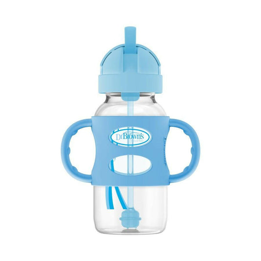 Dr. Brown’s Milestonesv Wide-Neck Sippy Straw Bottle with Silicone Handles, 9 oz - Blue - Traveling Tikes 