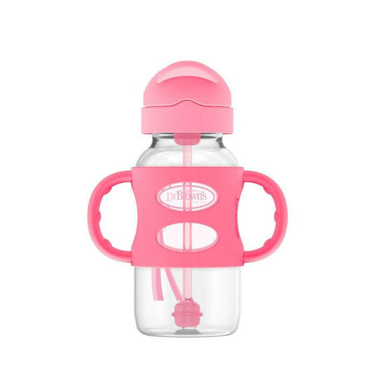 Dr. Brown’s Milestonesv Wide-Neck Sippy Straw Bottle with Silicone Handles, 9 oz - Pink - Traveling Tikes 