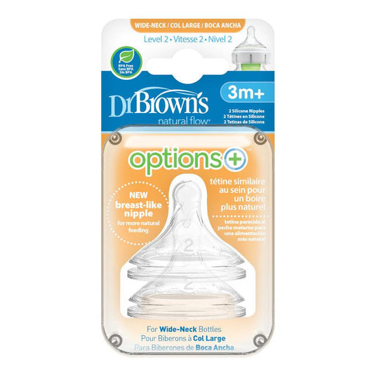 Dr. Brown’s Options+ Wide-Neck Baby Bottle Nipple Level 2 (3m+ Slow Flow) - Traveling Tikes 