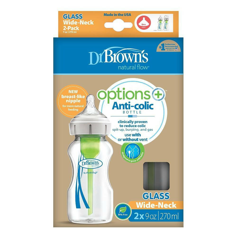 Dr. Brown's Options+ Wide-Neck Glass Bottle, 9 oz - 2 Pack - Traveling Tikes 