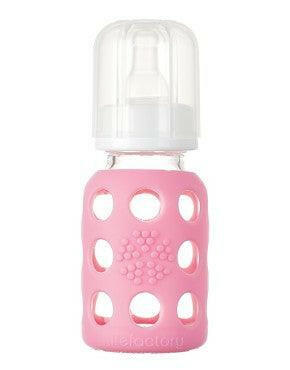 Life Factory 4 oz Glass Baby Bottle with Silicone Sleeve (pink) - Traveling Tikes 