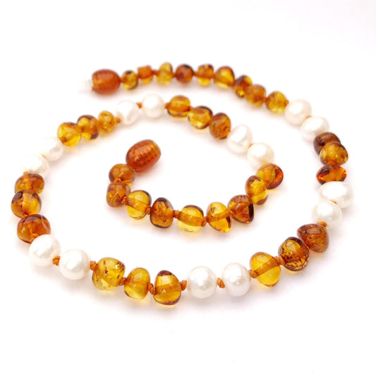 Momma Goose Queen Baby Necklace - Baltic Amber & Pearls - Traveling Tikes 