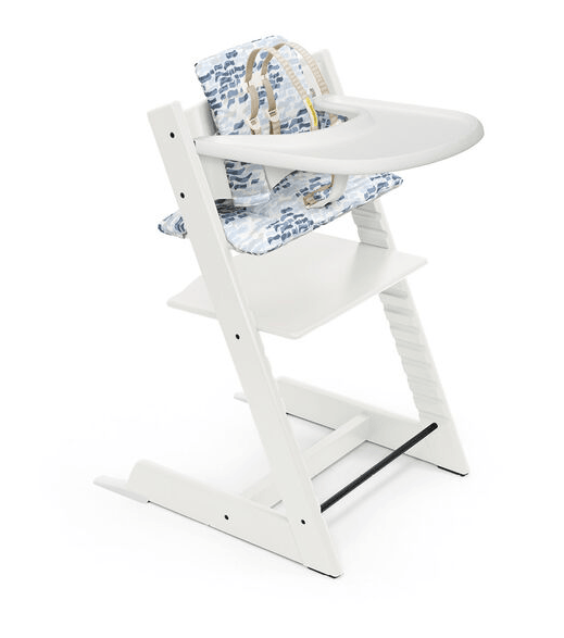 Stokke Tripp Trapp Complete White with Waves Blue Cushion + Tray - Traveling Tikes 