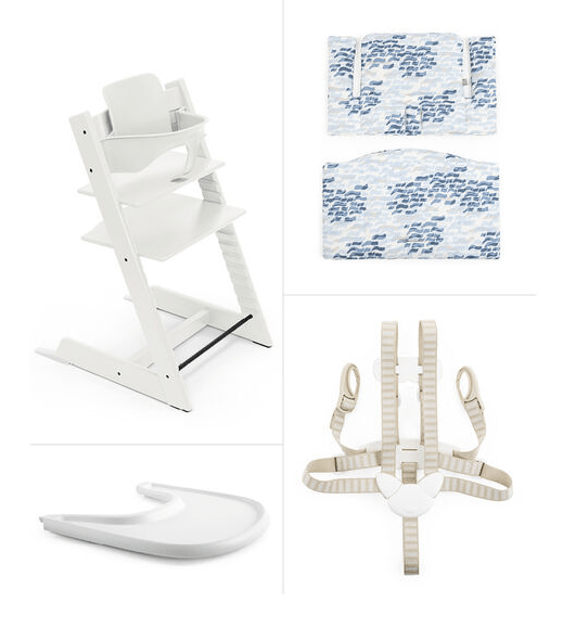 Stokke Tripp Trapp Complete White with Waves Blue Cushion + Tray - Traveling Tikes 