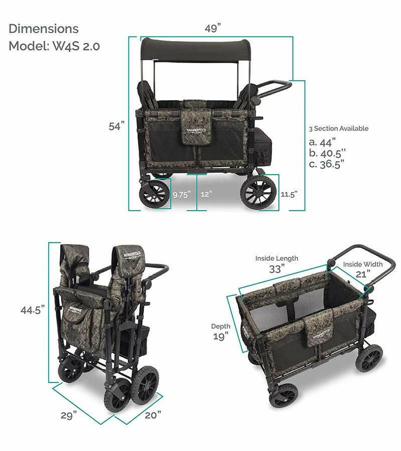 WonderFold W4 Luxe (W4S 2.0) Multifunctional Quad (4 Seater) Stroller Wagon - Shadow Green Camo - Traveling Tikes 